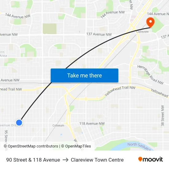 90 Street & 118 Avenue to Clareview Town Centre map