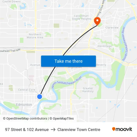 97 Street & 102 Avenue to Clareview Town Centre map