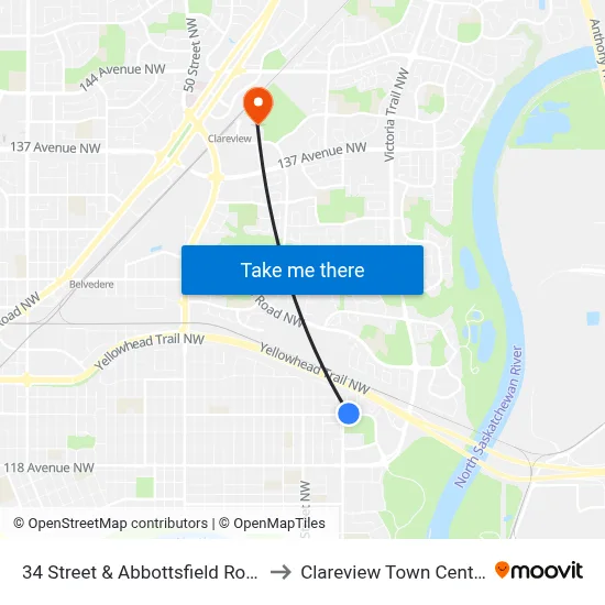 34 Street & Abbottsfield Road to Clareview Town Centre map