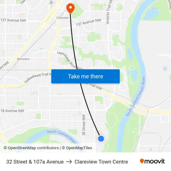 32 Street & 107a Avenue to Clareview Town Centre map