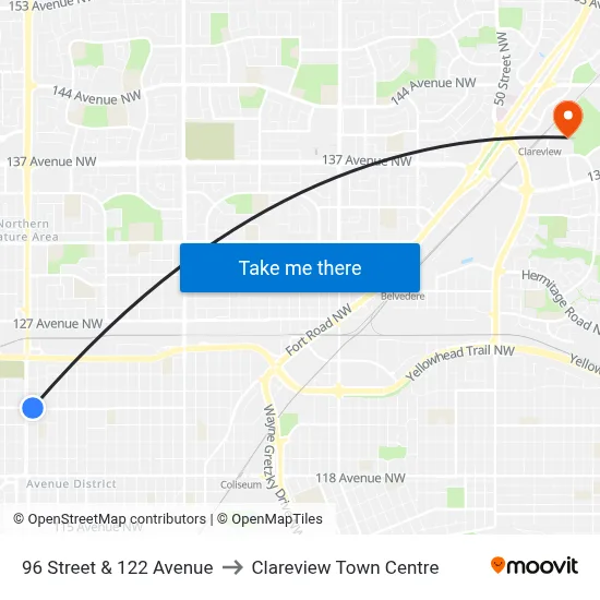 96 Street & 122 Avenue to Clareview Town Centre map