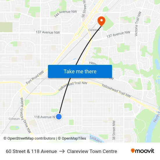 60 Street & 118 Avenue to Clareview Town Centre map