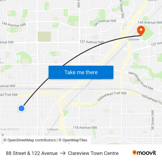 88 Street & 122 Avenue to Clareview Town Centre map