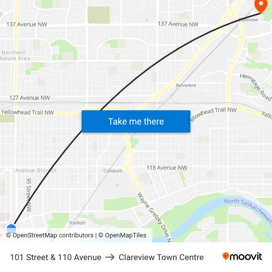 101 Street & 110 Avenue to Clareview Town Centre map