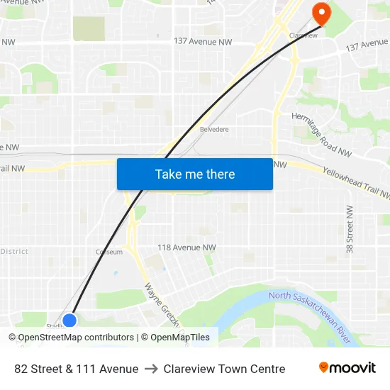 82 Street & 111 Avenue to Clareview Town Centre map