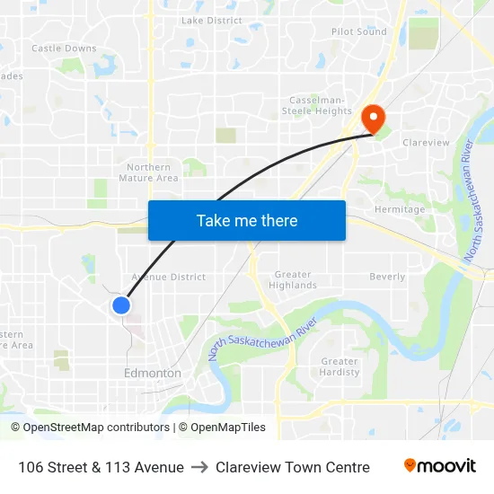 106 Street & 113 Avenue to Clareview Town Centre map