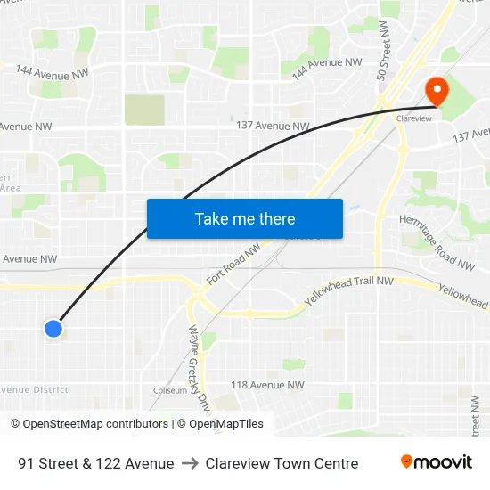 91 Street & 122 Avenue to Clareview Town Centre map