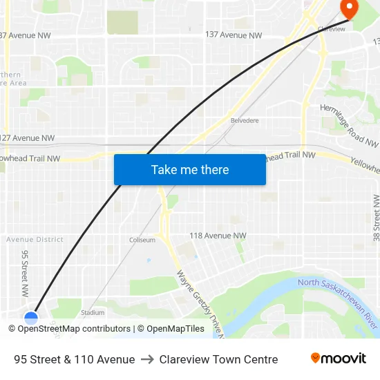 95 Street & 110 Avenue to Clareview Town Centre map
