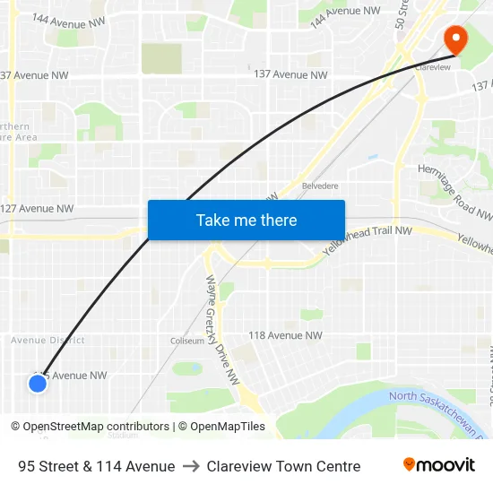 95 Street & 114 Avenue to Clareview Town Centre map