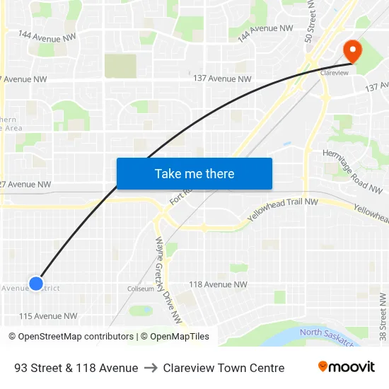 93 Street & 118 Avenue to Clareview Town Centre map