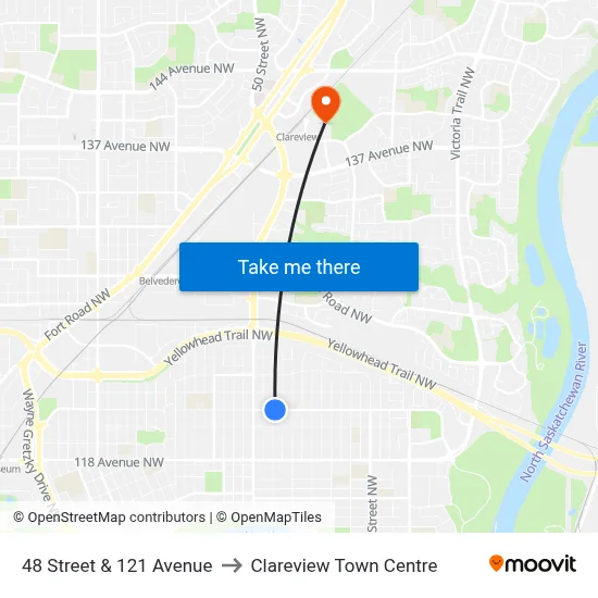 48 Street & 121 Avenue to Clareview Town Centre map