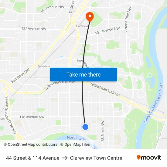 44 Street & 114 Avenue to Clareview Town Centre map