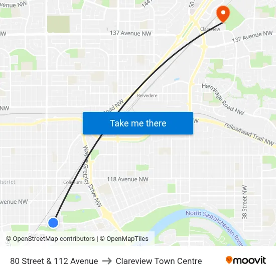 80 Street & 112 Avenue to Clareview Town Centre map