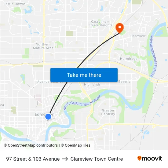 97 Street & 103 Avenue to Clareview Town Centre map