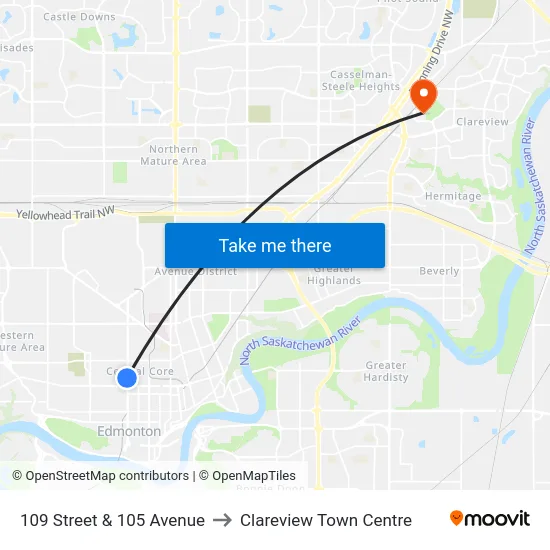 109 Street & 105 Avenue to Clareview Town Centre map