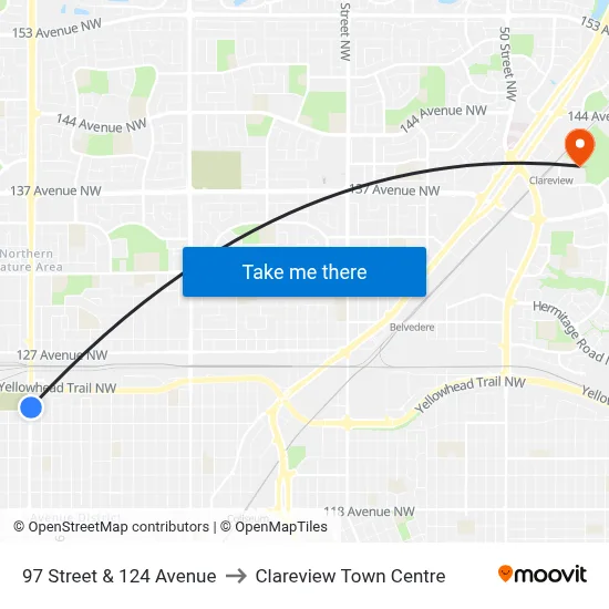 97 Street & 124 Avenue to Clareview Town Centre map