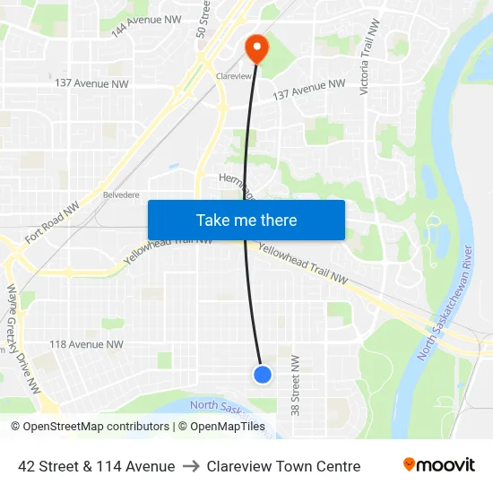 42 Street & 114 Avenue to Clareview Town Centre map