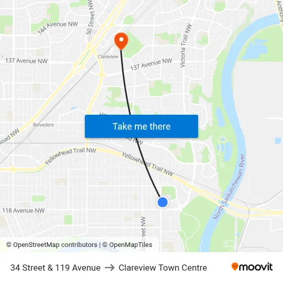 34 Street & 119 Avenue to Clareview Town Centre map