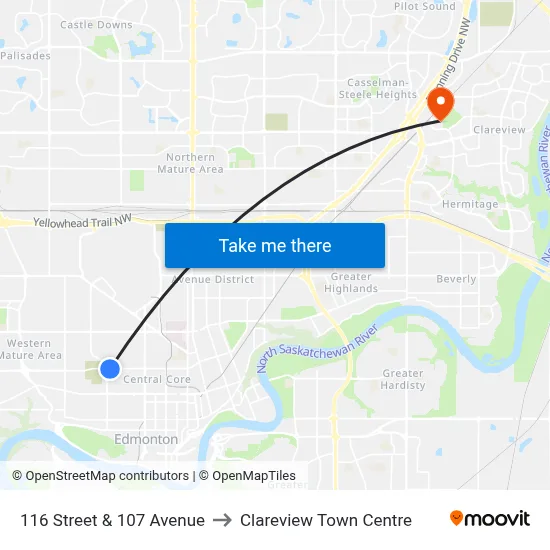 116 Street & 107 Avenue to Clareview Town Centre map