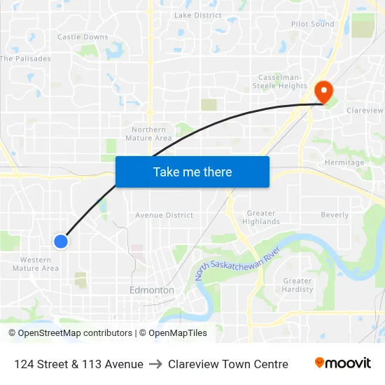 124 Street & 113 Avenue to Clareview Town Centre map