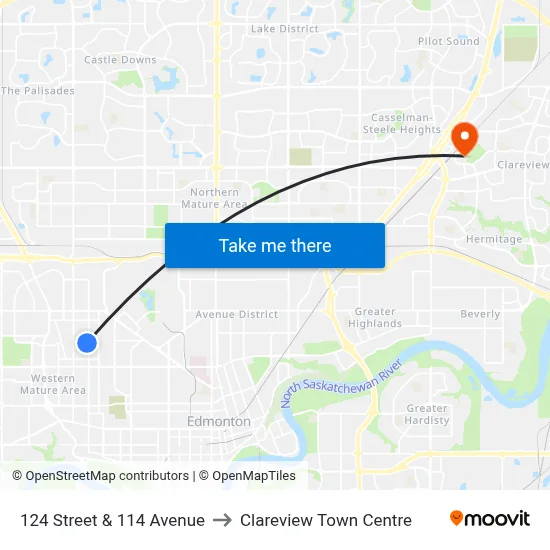 124 Street & 114 Avenue to Clareview Town Centre map