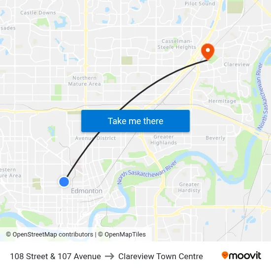 108 Street & 107 Avenue to Clareview Town Centre map