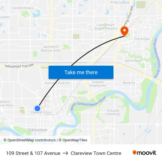 109 Street & 107 Avenue to Clareview Town Centre map