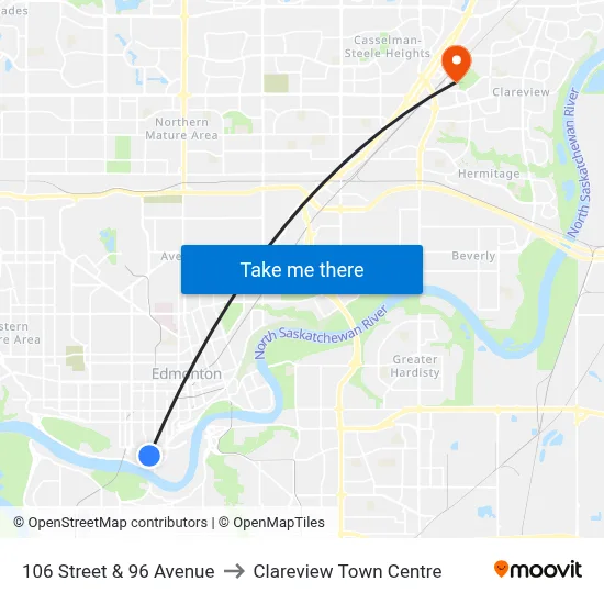 106 Street & 96 Avenue to Clareview Town Centre map