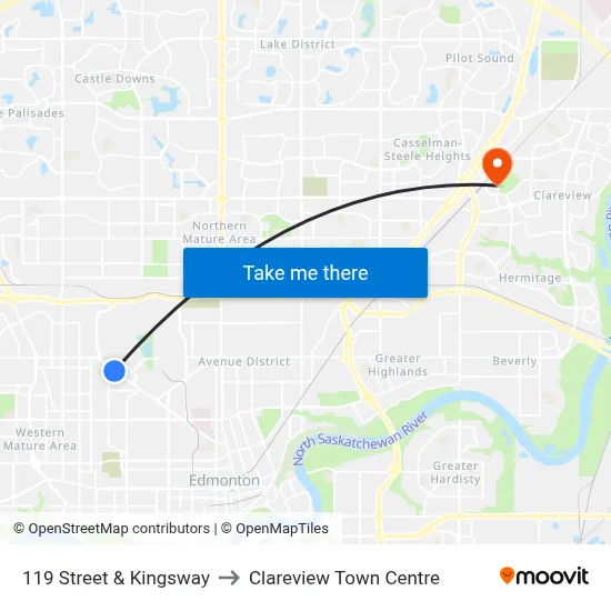 119 Street & Kingsway to Clareview Town Centre map