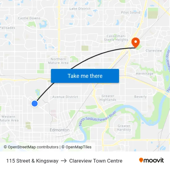 115 Street & Kingsway to Clareview Town Centre map