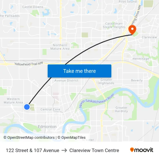 122 Street & 107 Avenue to Clareview Town Centre map