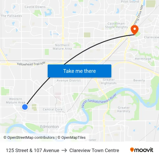125 Street & 107 Avenue to Clareview Town Centre map