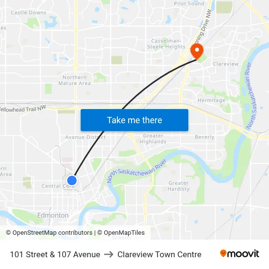 101 Street & 107 Avenue to Clareview Town Centre map