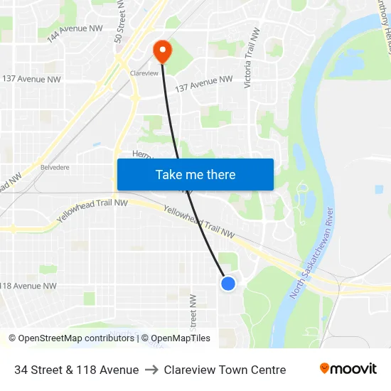 34 Street & 118 Avenue to Clareview Town Centre map