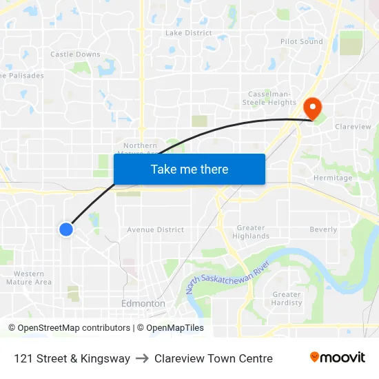 121 Street & Kingsway to Clareview Town Centre map