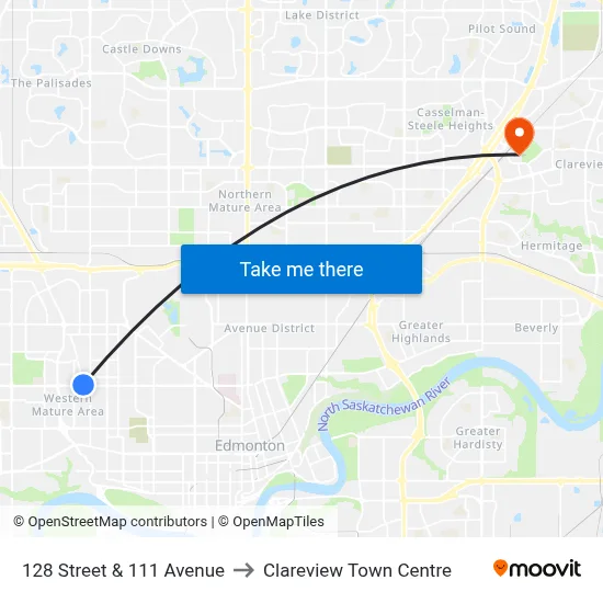 128 Street & 111 Avenue to Clareview Town Centre map