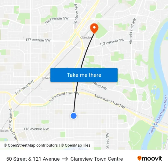 50 Street & 121 Avenue to Clareview Town Centre map