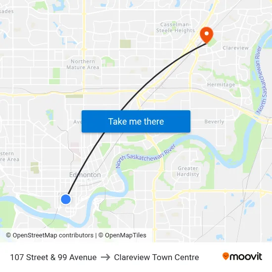 107 Street & 99 Avenue to Clareview Town Centre map