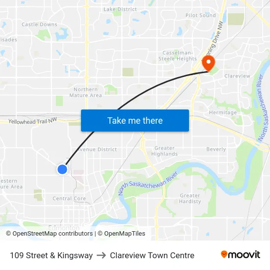 109 Street & Kingsway to Clareview Town Centre map