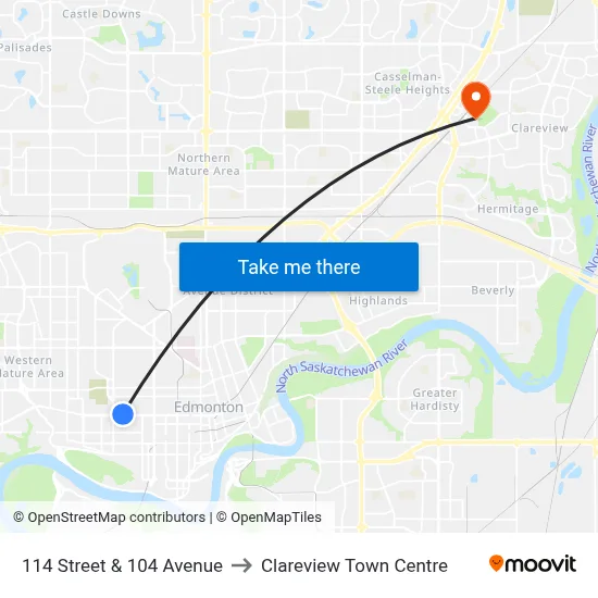 114 Street & 104 Avenue to Clareview Town Centre map