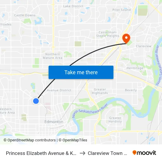 Princess Elizabeth Avenue & Kingsway to Clareview Town Centre map