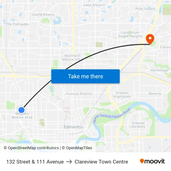 132 Street & 111 Avenue to Clareview Town Centre map