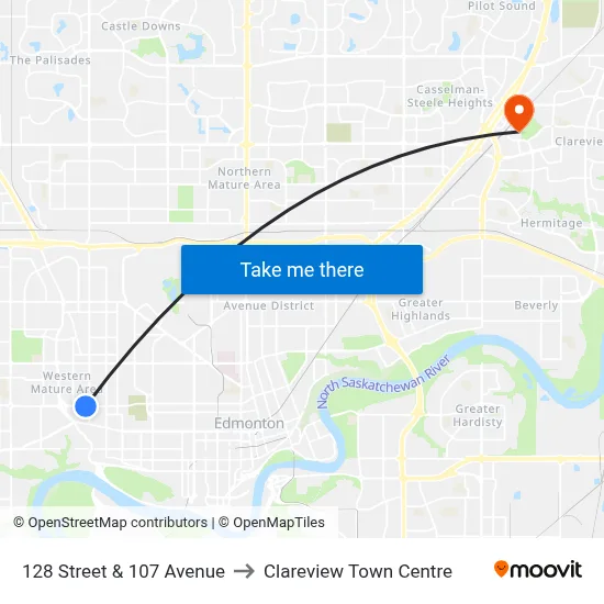 128 Street & 107 Avenue to Clareview Town Centre map