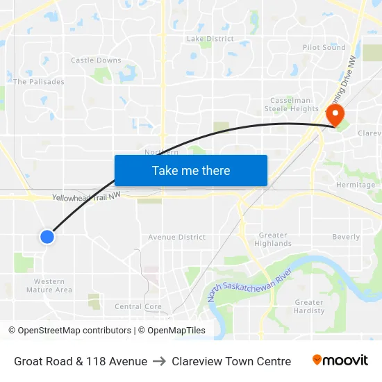 Groat Road & 118 Avenue to Clareview Town Centre map