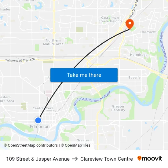 109 Street & Jasper Avenue to Clareview Town Centre map