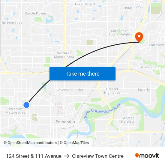 124 Street & 111 Avenue to Clareview Town Centre map