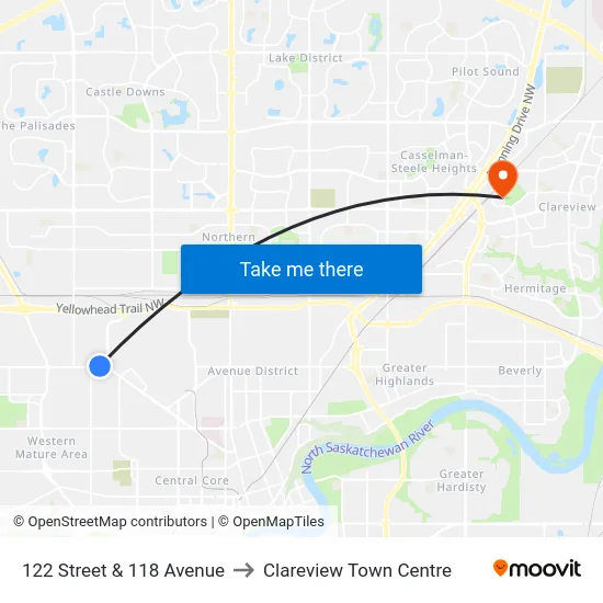 122 Street & 118 Avenue to Clareview Town Centre map