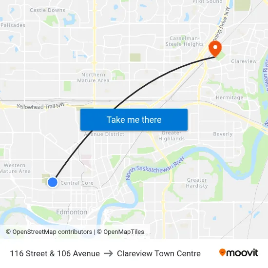 116 Street & 106 Avenue to Clareview Town Centre map