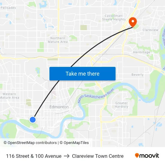 116 Street & 100 Avenue to Clareview Town Centre map
