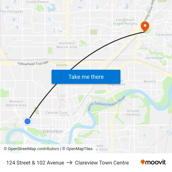 124 Street & 102 Avenue to Clareview Town Centre map